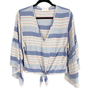 LAVENDAR FIELD Striped Bell Sleeve Tie Front Top